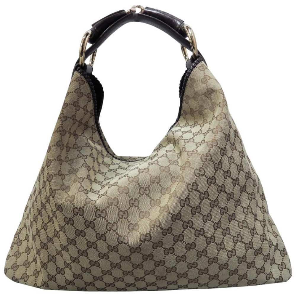 Auth Gucci Horsebit Large Grey Canvas Hobo Bag